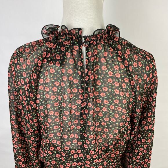 C/MEO Collective | Longevity Black Floral Sheer Smocked Long Sleeve Mini Dress - Picture 7 of 12